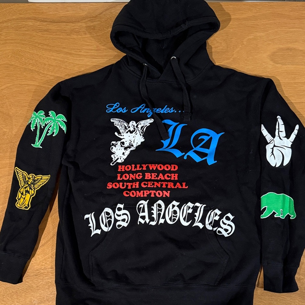 Fashion Nova Black Hoodie with Multicolor Graphic Prints
